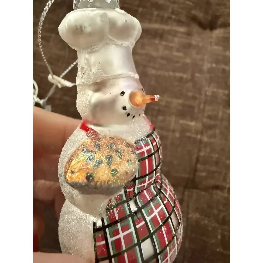 Set of 2 Williams Sonoma Blown Glass Snowman Chef Christmas Ornaments